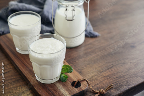 Two glasses of Turkish traditional drink ayran, kefir or buttermilk