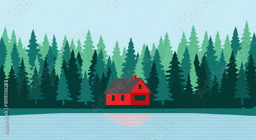 Cozy red cabin nestled among tall green trees by serene lake