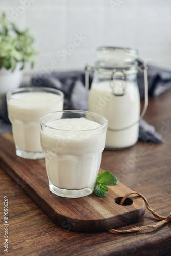 Two glasses of Turkish traditional drink ayran, kefir or buttermilk