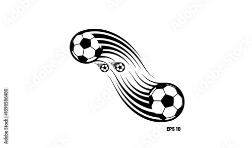 Soccer balls with curved speed trails black and white vector