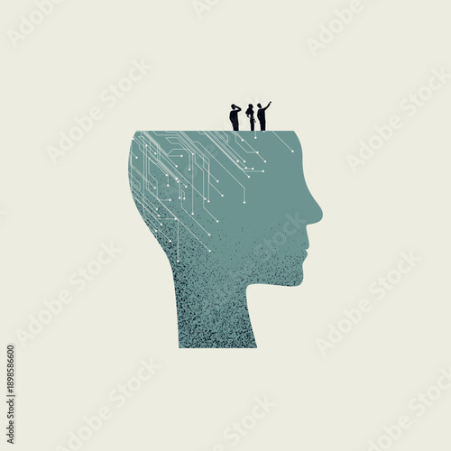 This minimal illustration features a blue head with circuit board lines, a vector concept of artificial intelligence. It is a symbol for the future vision of a corporate business AI.