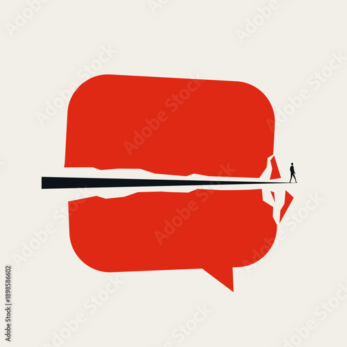 This minimal illustration shows a businessman walking as a vector concept to cut through the noise of a red speech bubble. It is a symbol of direct communication and minimalist visual clarity.