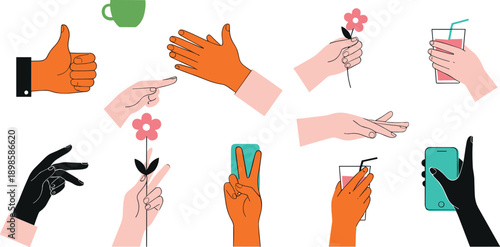 Hand gesture illustration set with thumbs up, pointing, peace sign, holding flower, drink and smartphone symbols