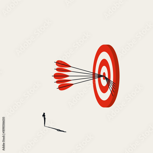 This minimal illustration shows a female professional hitting a bullseye with arrows. It is a vector concept symbol for business achievement, reaching a target, and successful minimalist goal setting.