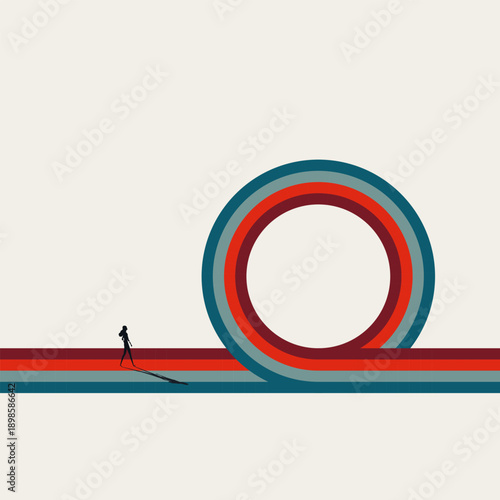 This minimal illustration shows a female professional on a colorful striped pathway. The vector concept uses a circle loop as a symbol for a repetitive business routine and career process.