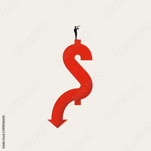 This minimal illustration shows a businessman on a falling dollar symbol. It is a vector concept for currency exchange and market value volatility the finance and trade business sector.