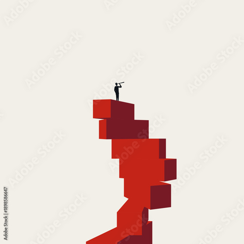 This minimal illustration shows a man on top of red stairs, a symbol for a business vision. The vector concept uses steps to represent a career search for a future opportunity in a minimalist style.