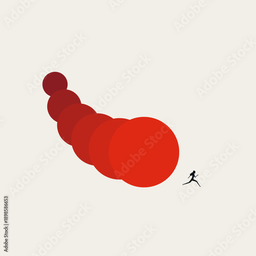This minimal illustration shows a female professional running from a growing red snowball effect. A vector concept using a minimalist symbol to represent a business crisis or momentum.