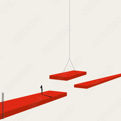 This minimal illustration shows a female professional building a red bridge across a gap. The vector concept is a symbol for finding a business solution and overcoming a difficult challenge.