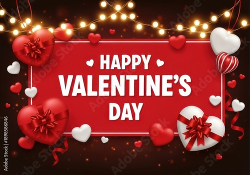 Happy valentines day greeting card with red hearts and lights on dark background