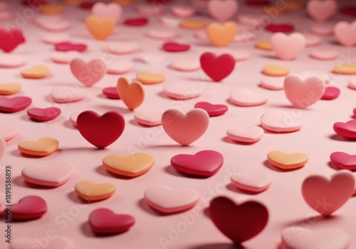 Colorful pink and red hearts scattered on a soft pink background for valentines day or love themed designs