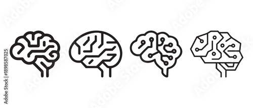 Set of Brain Icons with Circuitry Details, Abstract Concept of Intelligence, Isolated on White Background.