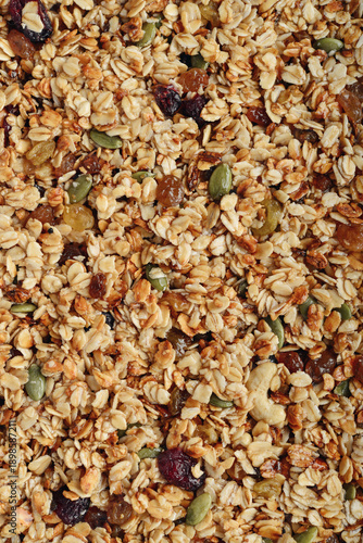 Gluten-free oat granola with nuts and berries.