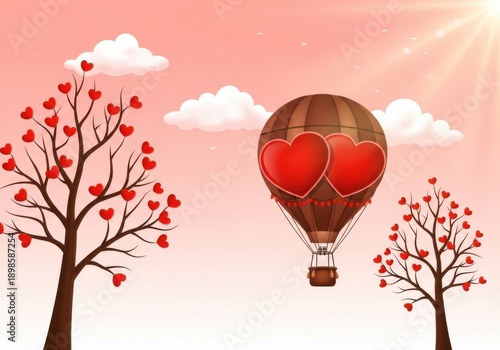 Romantic hot air balloon with heart shaped balloons floating above trees with red hearts on a pink background