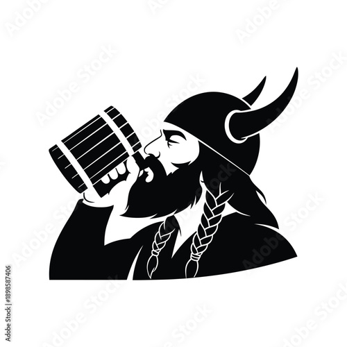 Black and White Viking Silhouette Drinking from Wooden Mug Profile