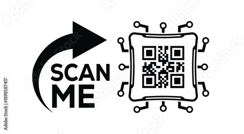 Minimalist black and white QR code scan prompt with bold arrow and "SCAN ME" text, ideal for marketing, advertising, and digital call-to-action designs on clean white background.
