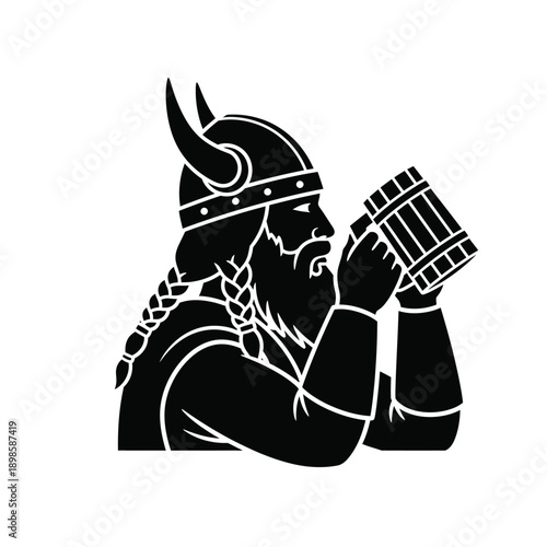 Stylized Black Silhouette Viking Warrior Drinking Wooden Mug Graphic Illustration