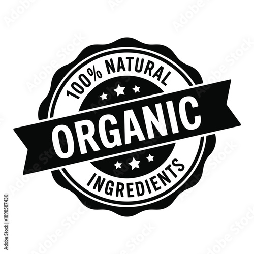 A circular black and white badge proclaiming 100 natural organic ingredients