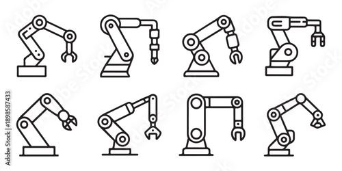 Collection of Industrial Robotic Arms Icons with Grippers, Line Art Style, Isolated on White Background.