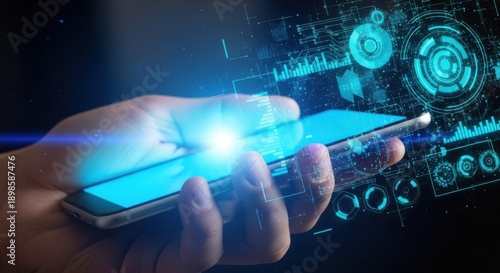 Futuristic digital interface on smartphone screen, hand holding mobile phone with glowing blue data holographic icons, advanced technology concept