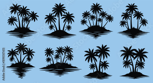 Silhouettes of tropical islands with palm trees reflected in water