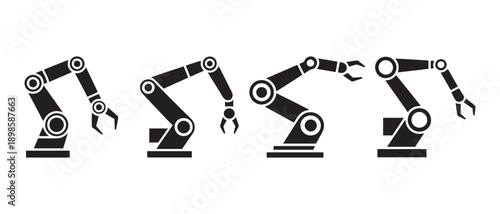Industrial Robotic Arm Silhouettes in Sequence Automation, Manufacturing Technology, Isolated on White Background.