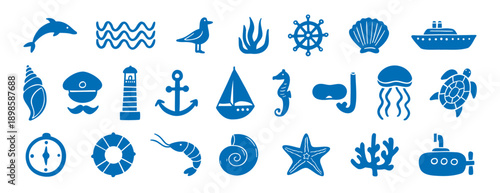 hand drawn doodle sea silhouette elements. marine ships, sailors and underwater plants, shells, starfish and corals.