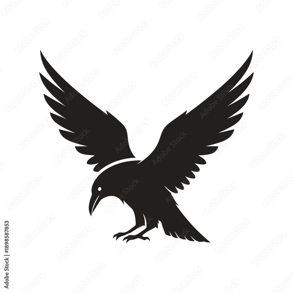 Obraz premium Black Raven Bird Silhouette with Spread Wings in Minimalist Style