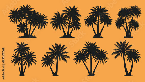 Collection of silhouetted tropical palm trees in various clumps and arrangements