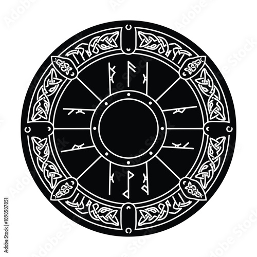 Mystical Nordic Rune Wheel with White Celtic Knotwork Pattern