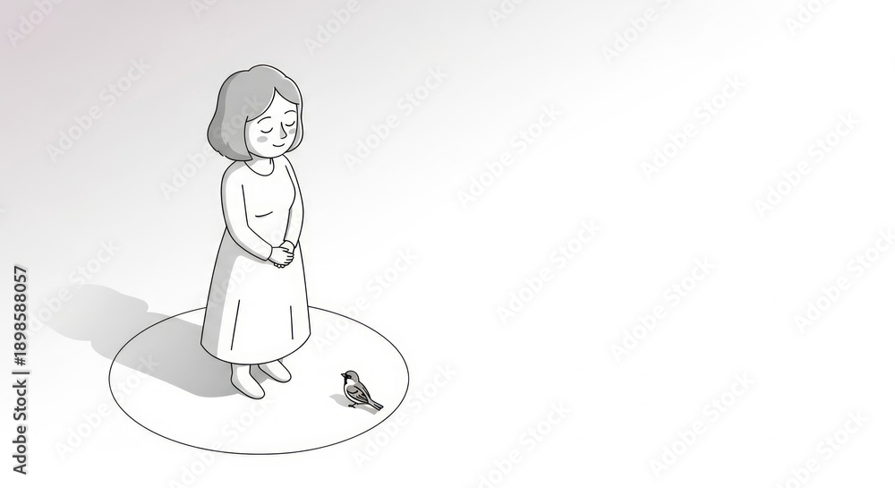 Obraz premium A young woman feeling contemplative stands in a circle, gazing at a small bird on the ground, set against a minimalist, neutral background, with copy space for Valentine's Day themes.