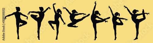 Silhouettes of dancers in various graceful ballet poses against a white background