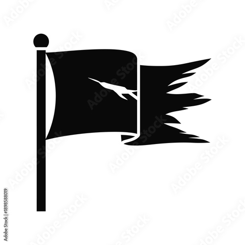 Black Waving Flag Silhouette with Abstract Flying Creature and Ripped Edges