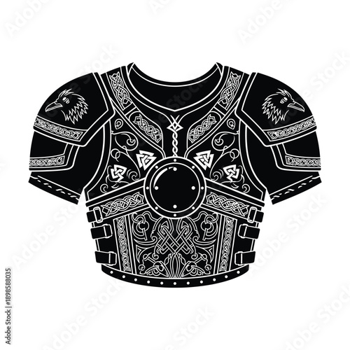 Black Warrior Armor Illustration with Intricate Celtic Knotwork and Raven Design