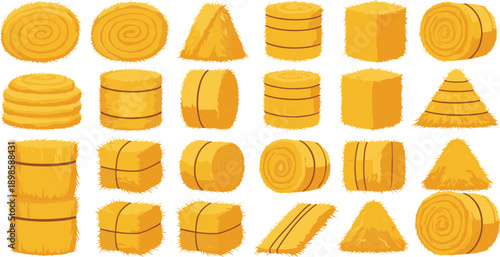 Hay bale set illustration with straw stacks and farm agriculture harvest elements for rural countryside design collection