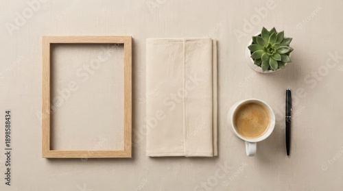 Flatlay mockup with coffee cup and empty wooden frame