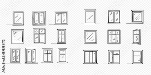 Set of various window frames, different shapes and sizes, with glass panes and sills, isolated on transparent background.