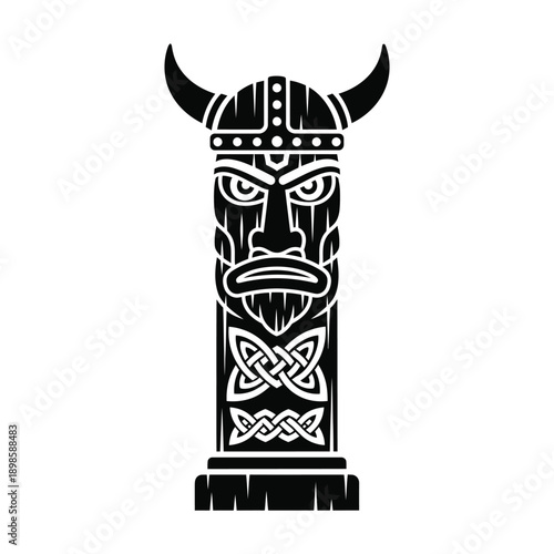 Monochromatic Tribal Design of a Horned Head Totem with Knot Patterns