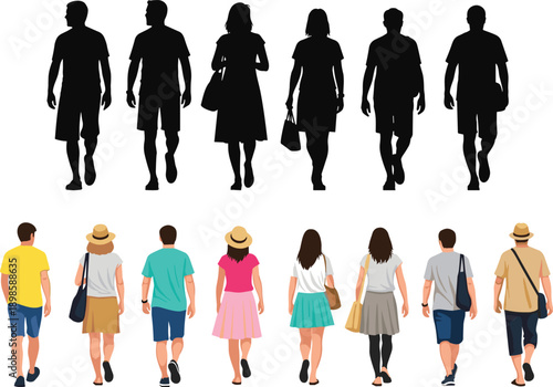 People walking silhouettes and colorful back view characters vector illustration set, crowd movement concept, daily lifestyle, urban pedestrian design