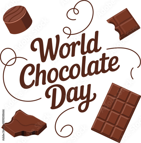World Chocolate Day celebration with various chocolate pieces and bars on transparent background