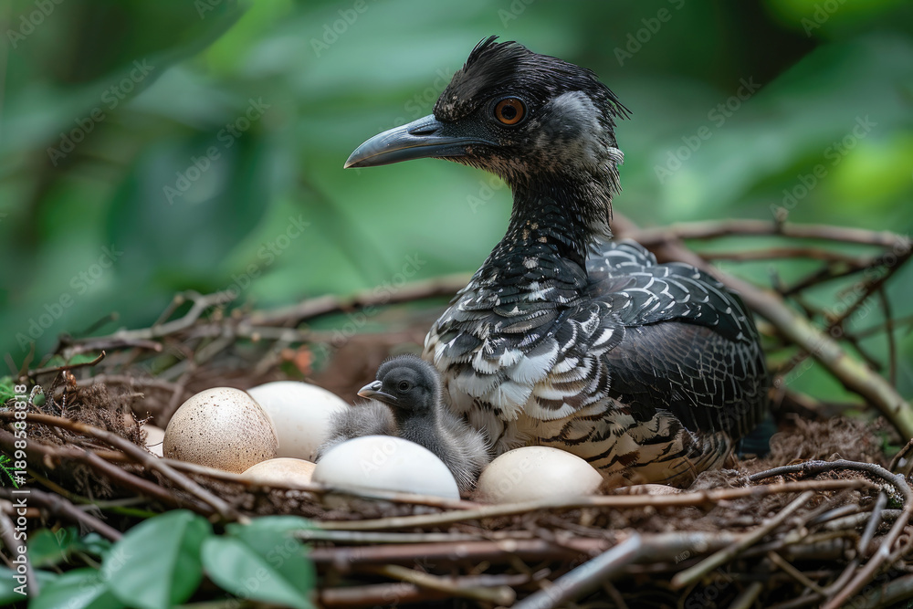 Fototapeta premium Bird sitting on a nest with several eggs and a chick in a lush green environment, showcasing natural wildlife and nesting behavior