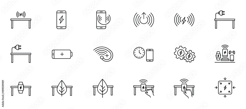 Fototapeta premium Wireless charging technology thin line icon set featuring smartphone, battery, power bank, and mobile device pictograms for user interface design and modern electronics concepts