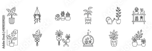 Set of houseplant and gardening icons in a minimalist black and white line art style, featuring various potted plants, succulents, a terrarium, and hanging macrame planters