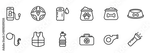 Set of emergency preparedness line art icons representing a survival go-bag with pet care supplies, a first aid kit, flashlight, and safety vest for disaster concepts
