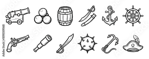 Set of hand-drawn pirate icons featuring a cannon, sword, anchor, ship's wheel, pistol, and telescope in a black and white sketch style for adventure and nautical themes