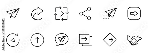 Set of black linear communication icons for user interface design, featuring symbols for sending, sharing, replying, forwarding, and navigating within an application or website