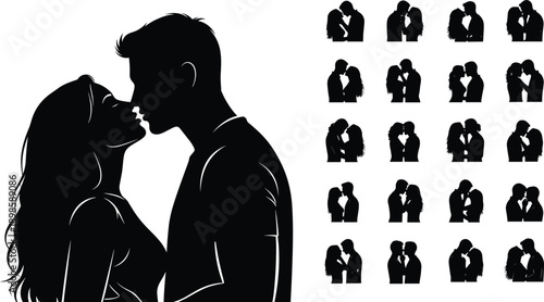 Romantic couple silhouette collection vector illustration, loving man and woman kissing poses set, relationship, romance, wedding, valentine concept isolated