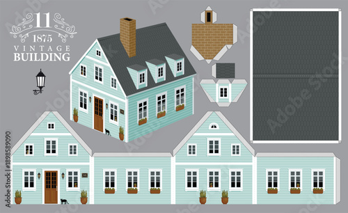 Vector white wooden Scandinavian house in a classic style. Vector mockup for paper. Cute vintage Christmas toy house.