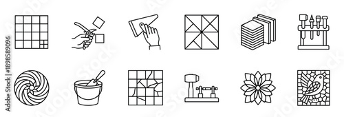 Mosaic art and craft line icon set showing tools, materials, and patterns for creating decorative tilework, including nippers, trowel, grout, and various finished designs