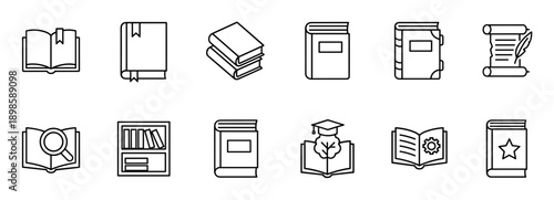 Collection of twelve book and reading icons in a clean line art style, illustrating concepts of education, library, knowledge, research, and literature with various symbols
